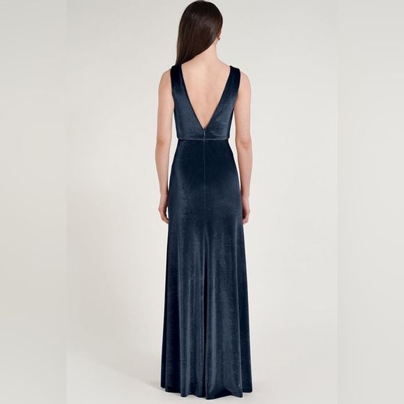 French Blue Jenny Yoo Logan Deep-V Velvet Column Gown - Picture 6 of 9